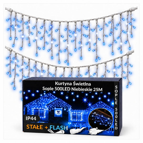 Sople LED 500 lampek, 25 m, niebieskie z efektem flash