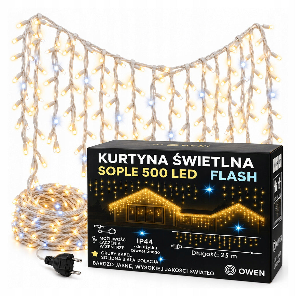 Sople LED 500 lampek, 25 m, ciepła biel z efektem flash