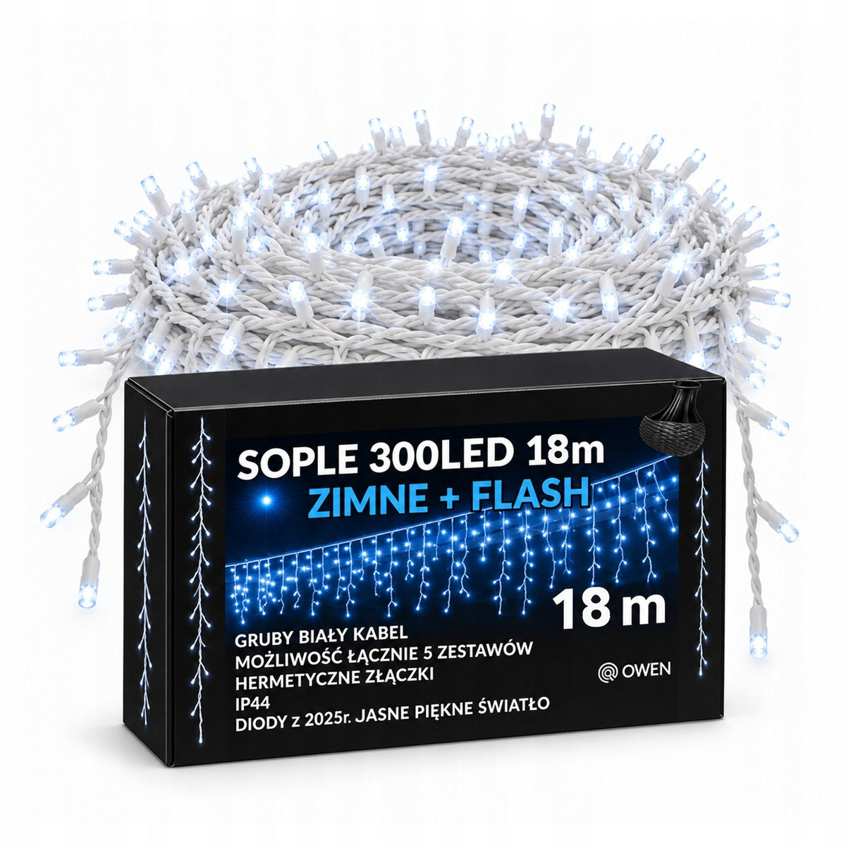 Sople LED 300 lampek, 18 m, zimna biel z efektem flash
