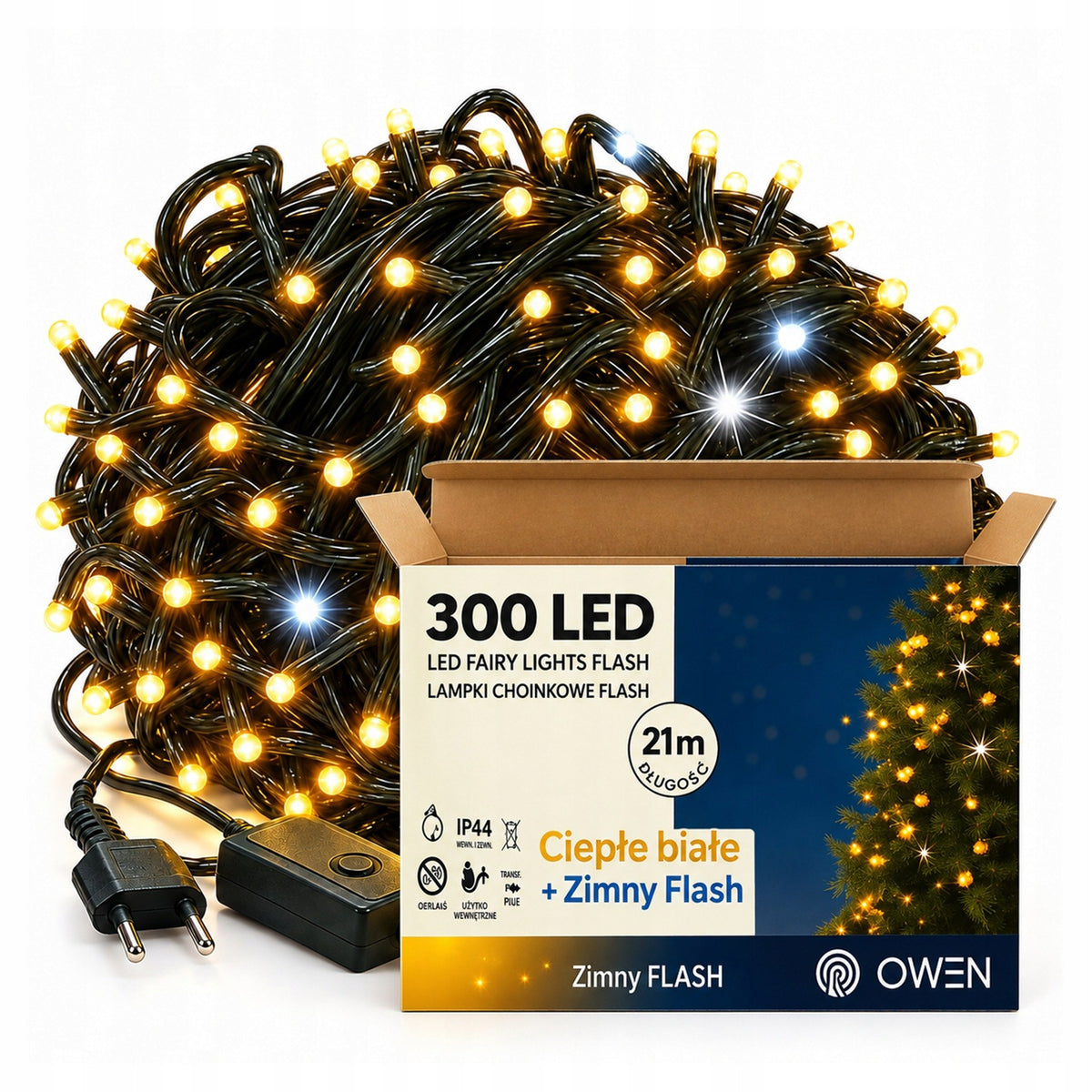 Lampki zewnętrzne 300 LED z efektem flash, 21 m, ciepła biel
