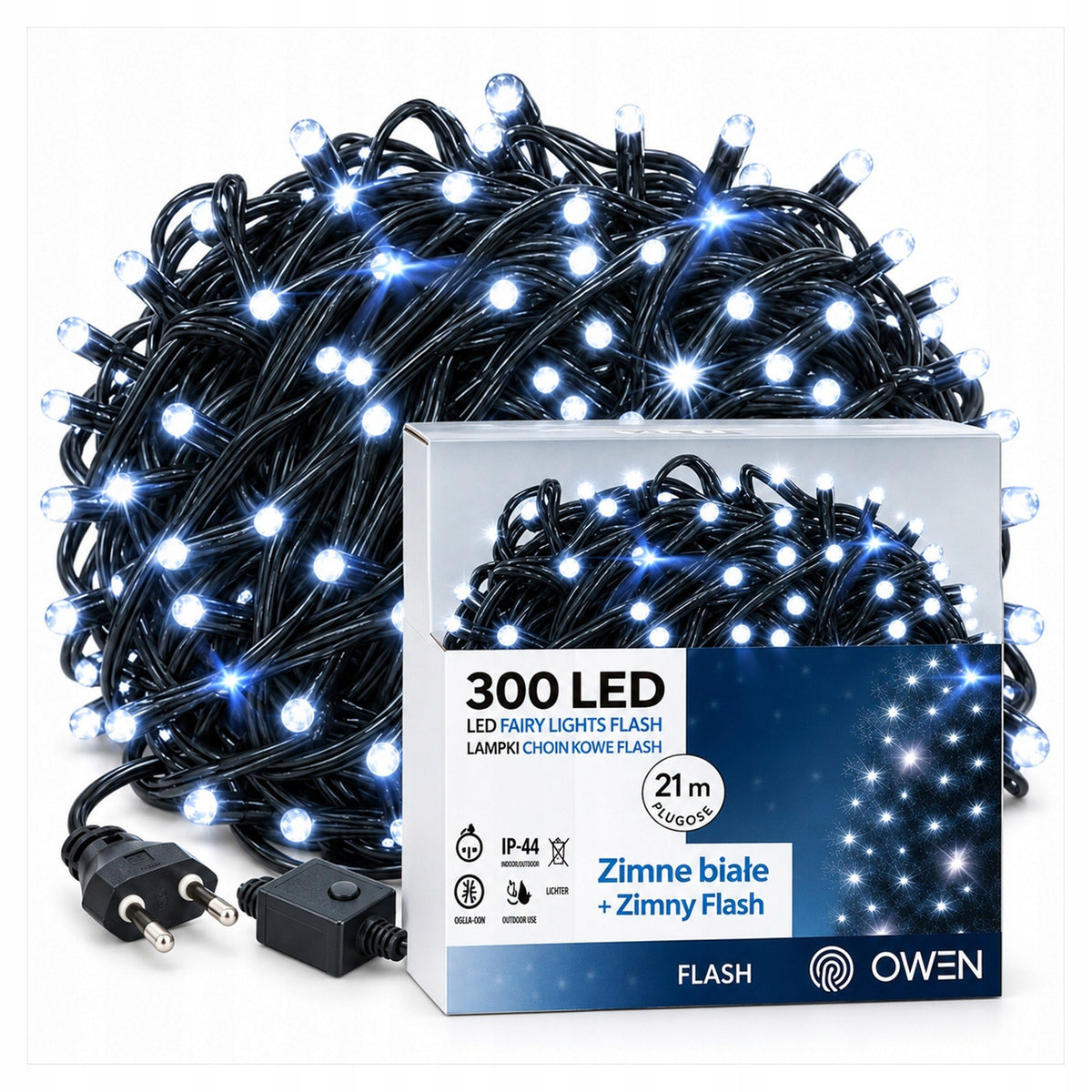 Lampki zewnętrzne 300 LED z efektem flash, 21 m, zimna biel