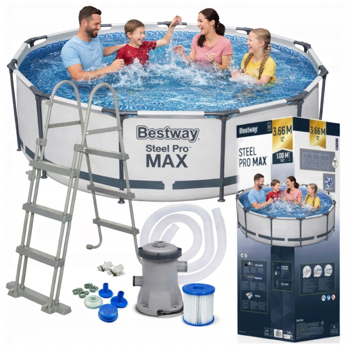 Basen stelażowy Bestway Steel Pro Max 366 × 100 cm, zestaw 11w1 z drabinką i pompą