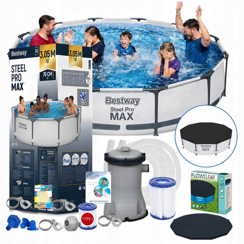Basen stelażowy Bestway Steel Pro Max 305 × 76 cm, zestaw 8w1 z pompą i pokrywą