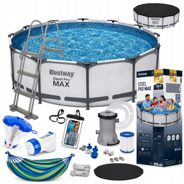 Basen stelażowy Bestway Steel Pro Max 366 × 100 cm, zestaw 16w1 z drabinką, pompą i pokrywą