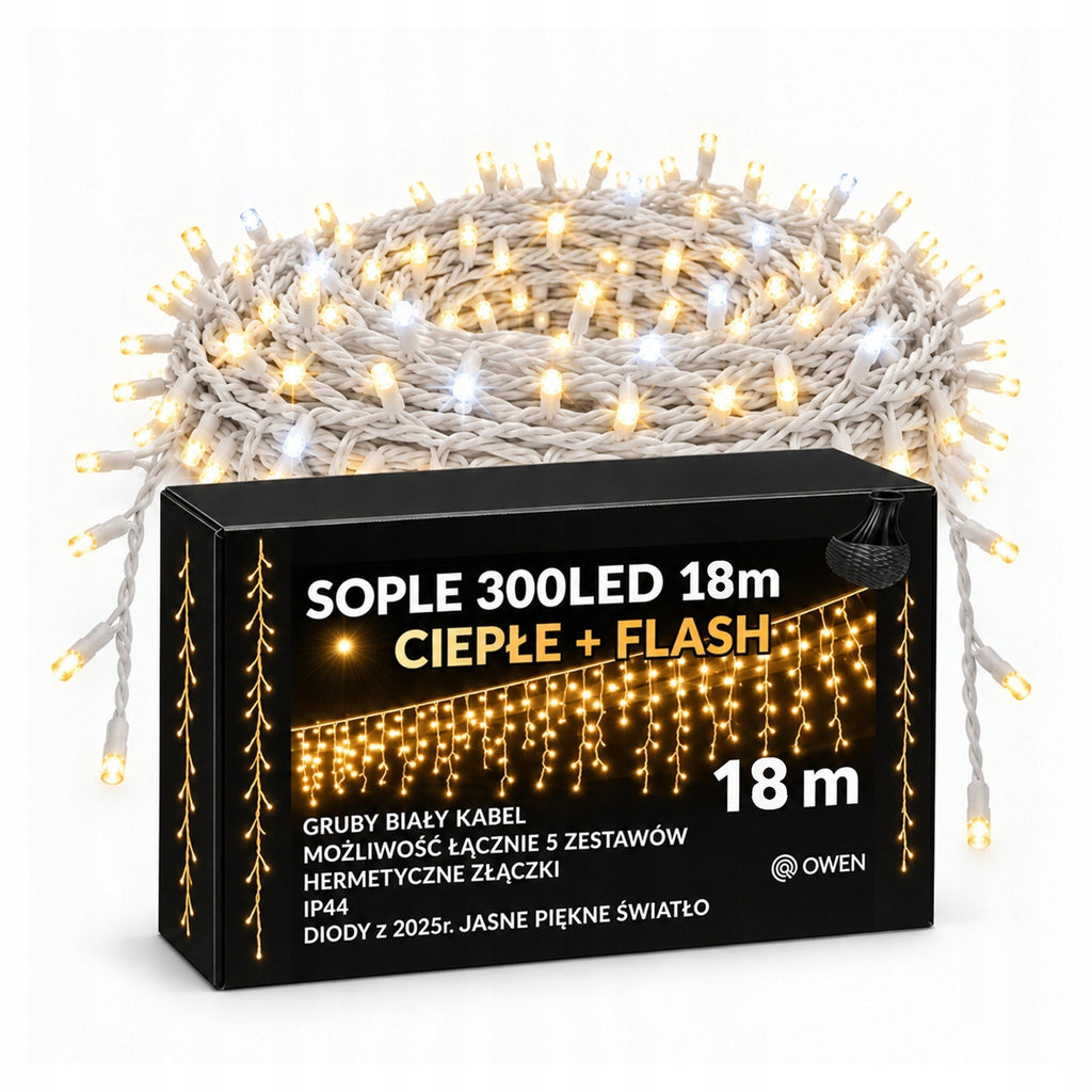 Sople LED 300 lampek, 18 m, ciepła biel z efektem flash
