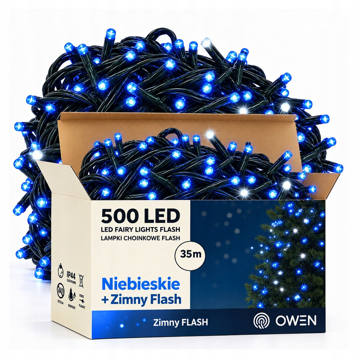 Lampki zewnętrzne 500 LED z efektem flash, 35 m, niebieskie