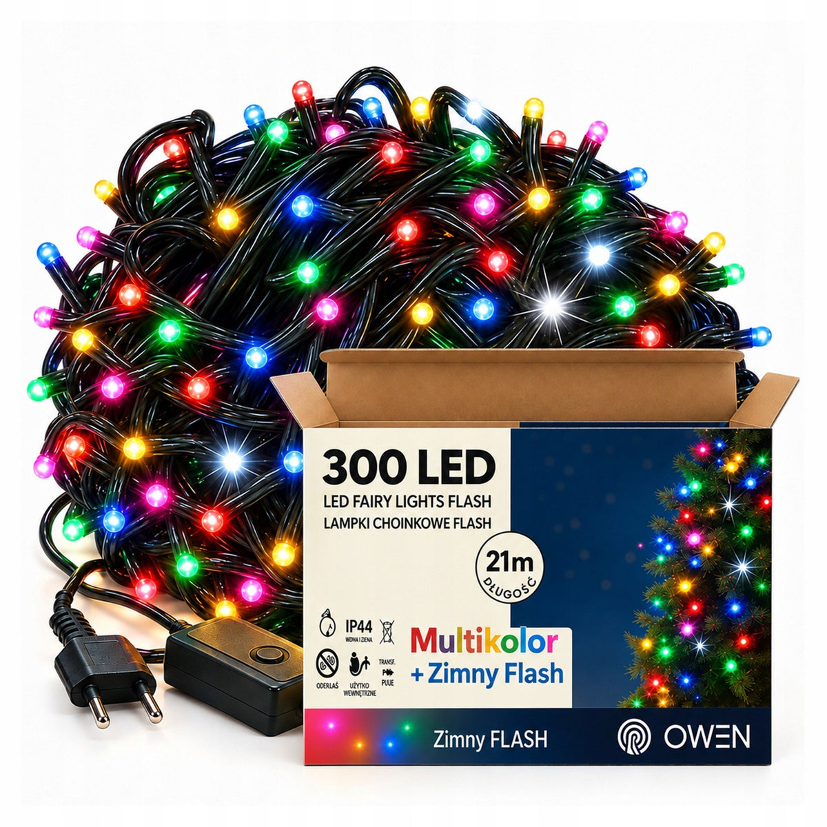 Lampki zewnętrzne 300 LED z efektem flash, 21 m, multikolor