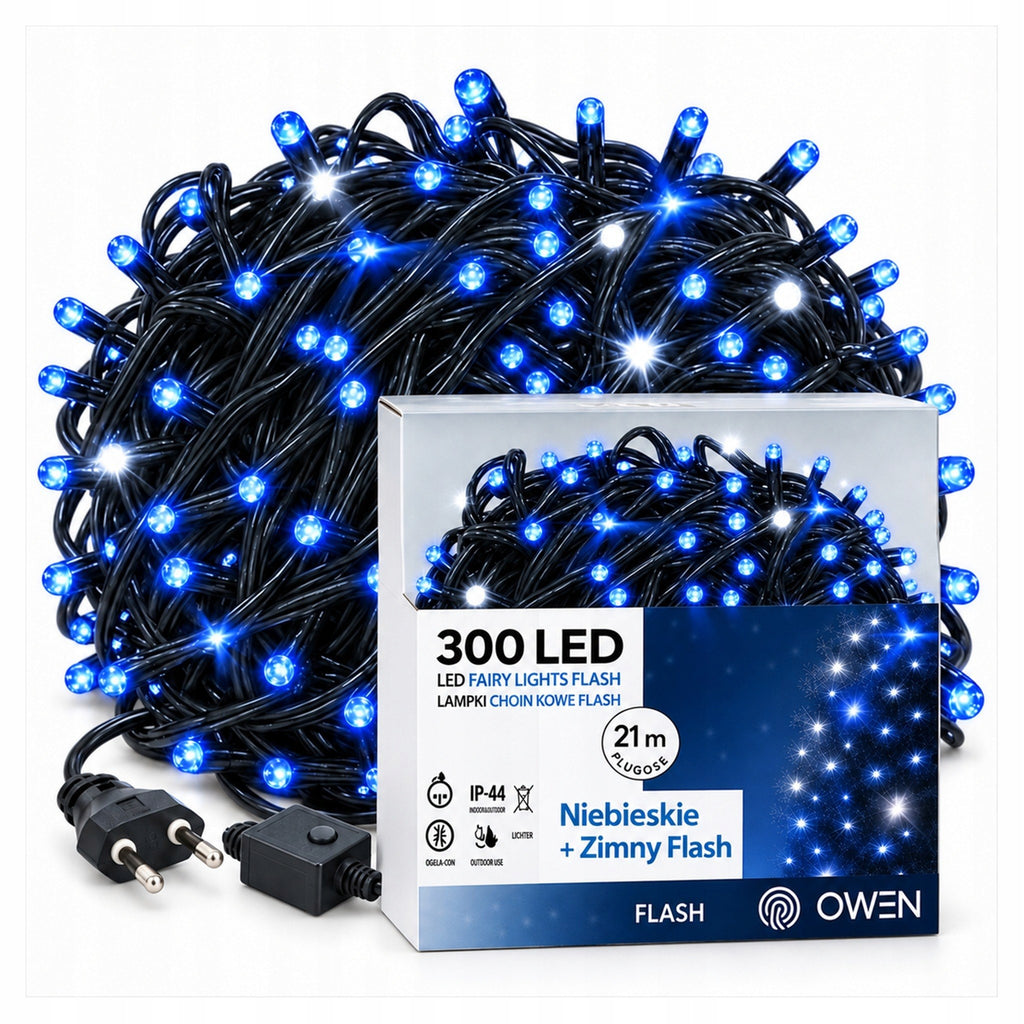 Lampki zewnętrzne 300 LED z efektem flash, 21 m, niebieskie