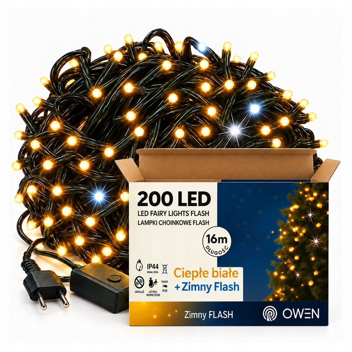 Lampki zewnętrzne 200 LED z efektem flash, 16 m, ciepła biel