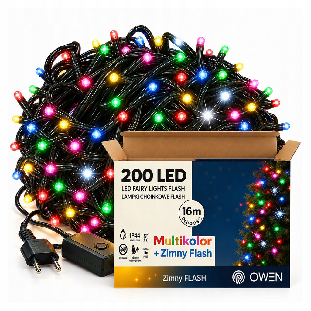 Lampki zewnętrzne 200 LED z efektem flash, 16 m, multikolor