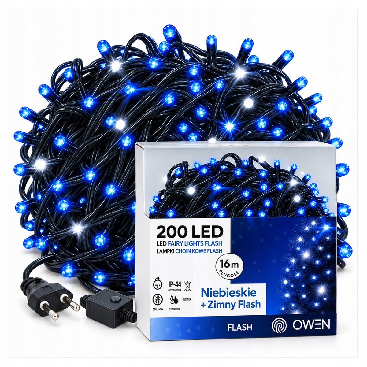 Lampki zewnętrzne 200 LED z efektem flash, 16 m, niebieskie