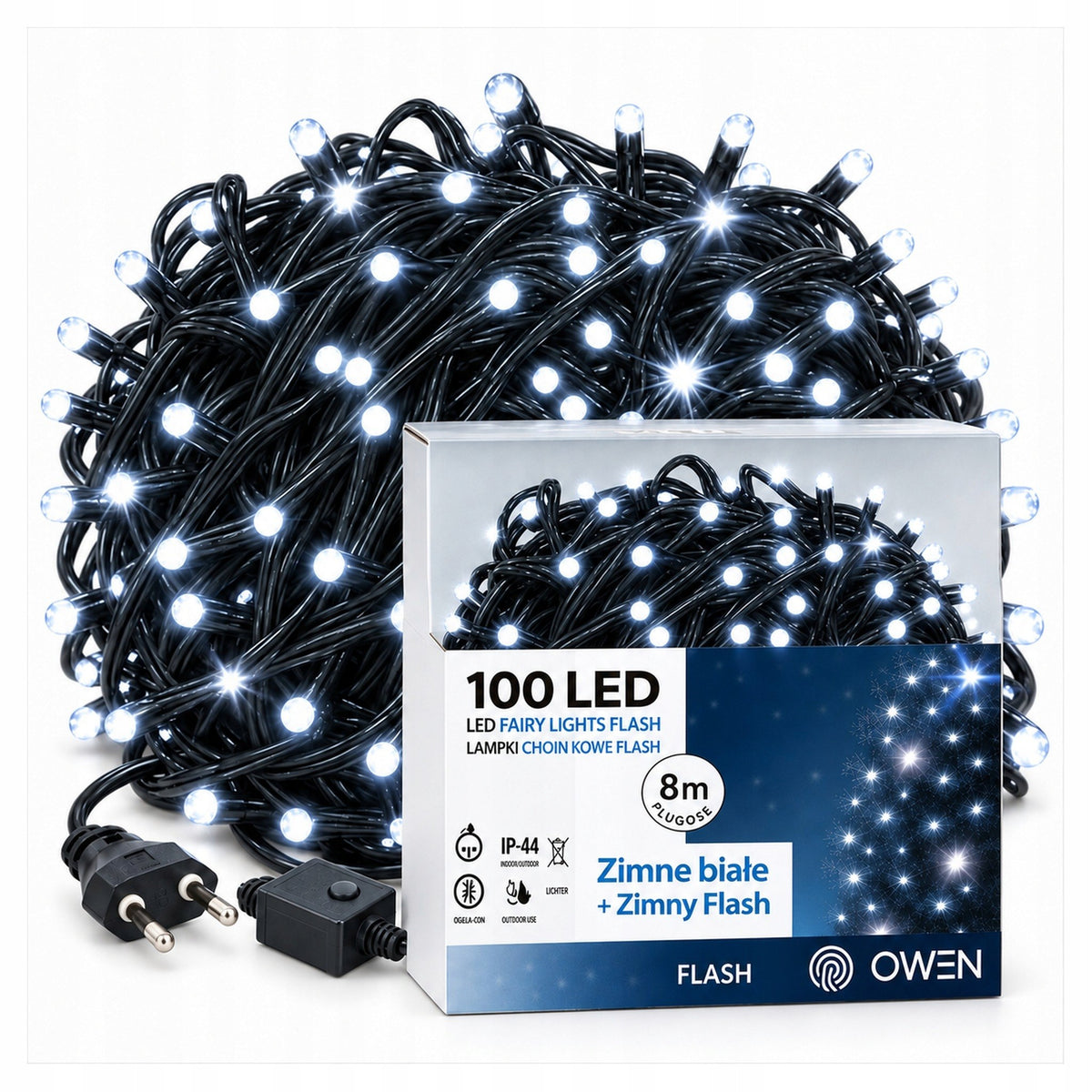 Lampki zewnętrzne 100 LED z efektem flash, 8 m, zimna biel