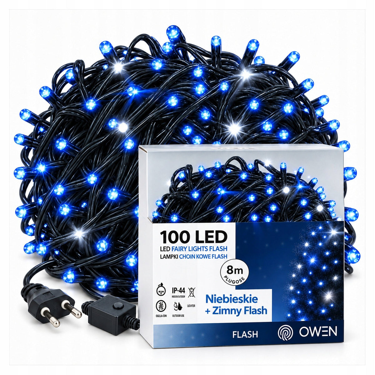Lampki zewnętrzne 100 LED z efektem flash, 8 m, niebieskie