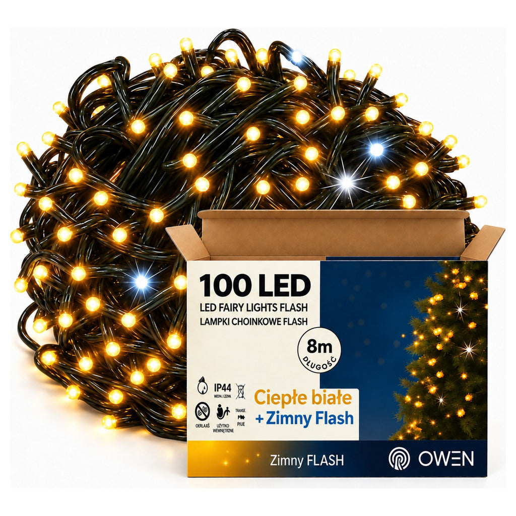 Lampki zewnętrzne 100 LED z efektem flash, 8 m, ciepła biel