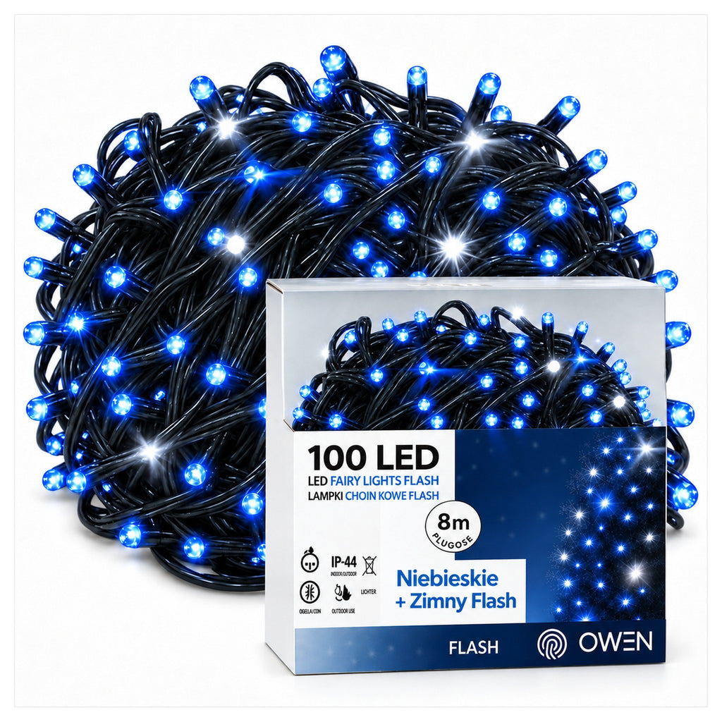 Lampki zewnętrzne 100 LED z efektem flash, 8 m, niebieskie