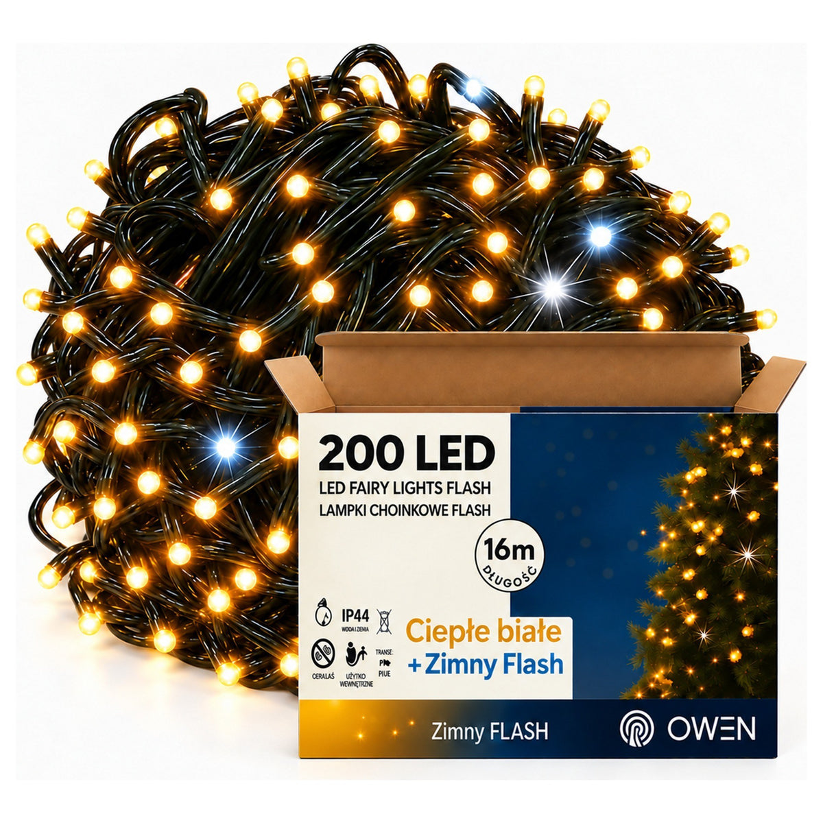 Lampki zewnętrzne 200 LED z efektem flash, 16 m, ciepła biel