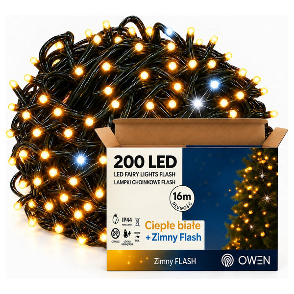 Lampki zewnętrzne 200 LED z efektem flash, 16 m, ciepła biel