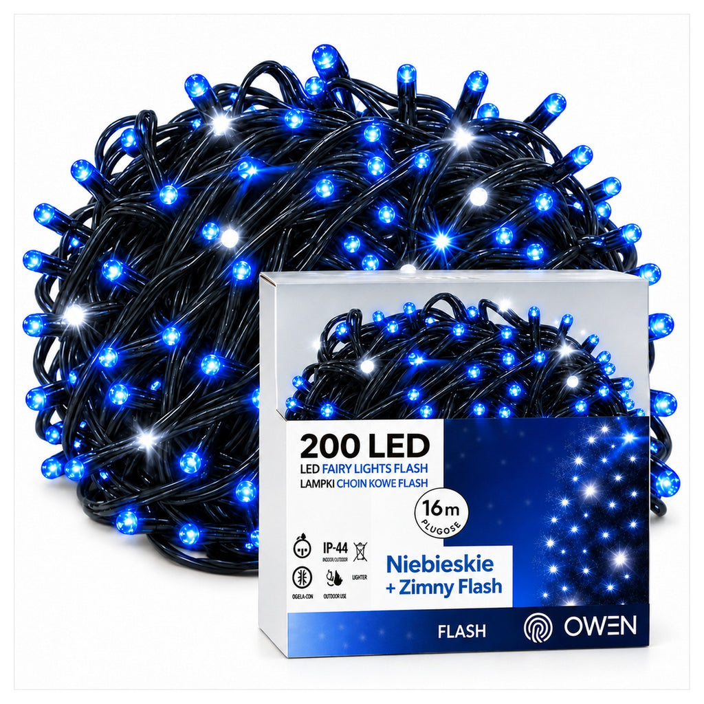 Lampki zewnętrzne 200 LED z efektem flash, 16 m, niebieskie