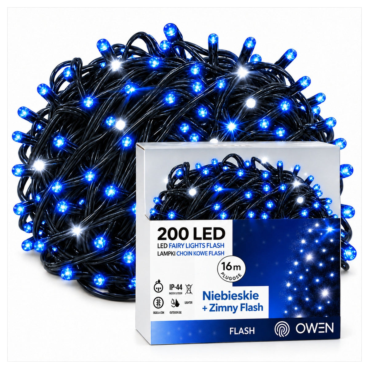 Lampki zewnętrzne 200 LED z efektem flash, 16 m, niebieskie