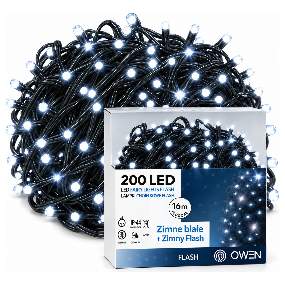 Lampki zewnętrzne 200 LED z efektem flash, 16 m, zimna biel