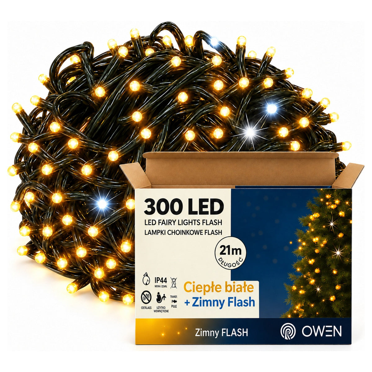 Lampki zewnętrzne 300 LED z efektem flash, 21 m, ciepła biel