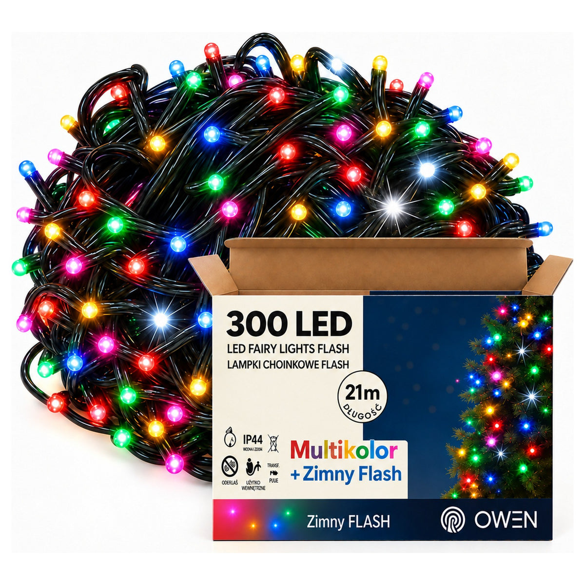 Lampki zewnętrzne 300 LED z efektem flash, 21 m, multikolor