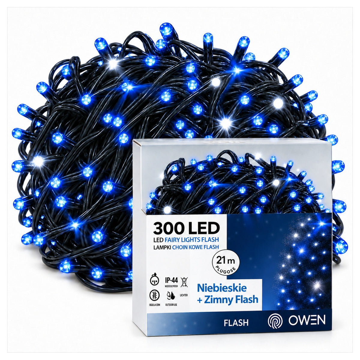 Lampki zewnętrzne 300 LED z efektem flash, 21 m, niebieskie