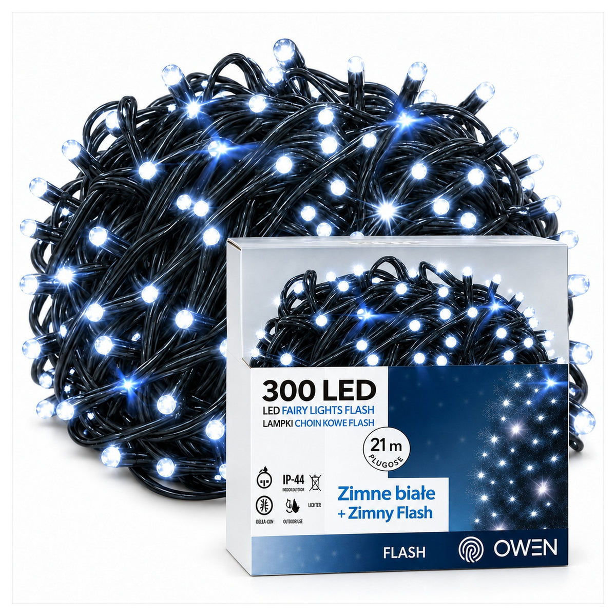 Lampki zewnętrzne 300 LED z efektem flash, 21 m, zimna biel