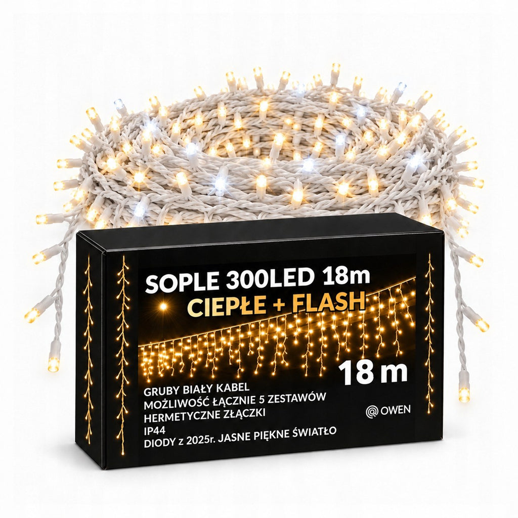 Sople LED 300 lampek, 18 m, ciepła biel z efektem flash