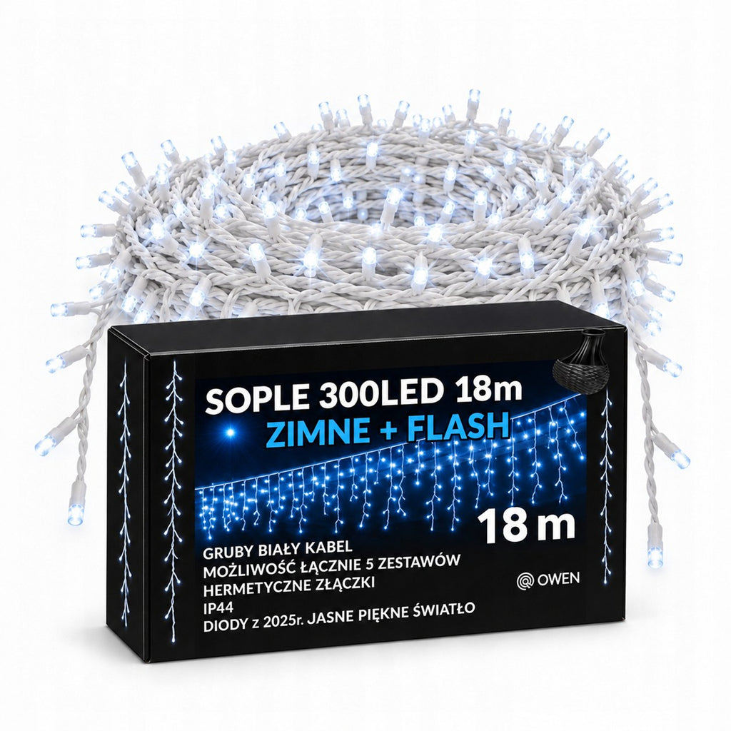 Sople LED 300 lampek, 18 m, zimna biel z efektem flash