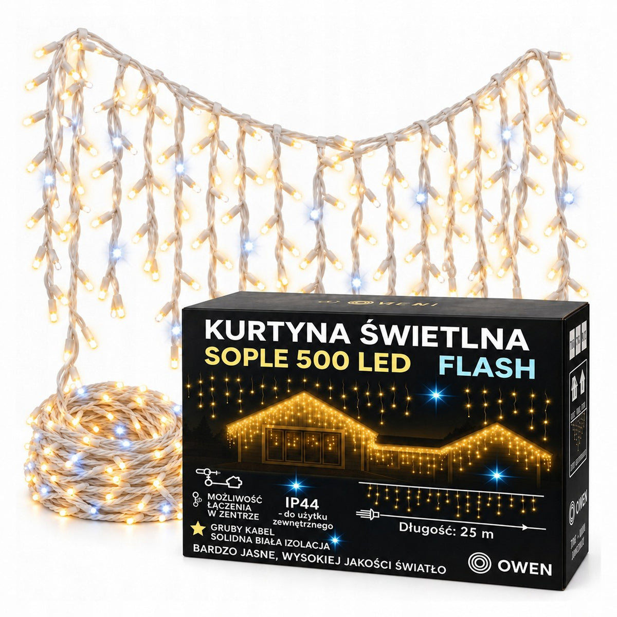 Sople LED 500 lampek, 25 m, ciepła biel z efektem flash