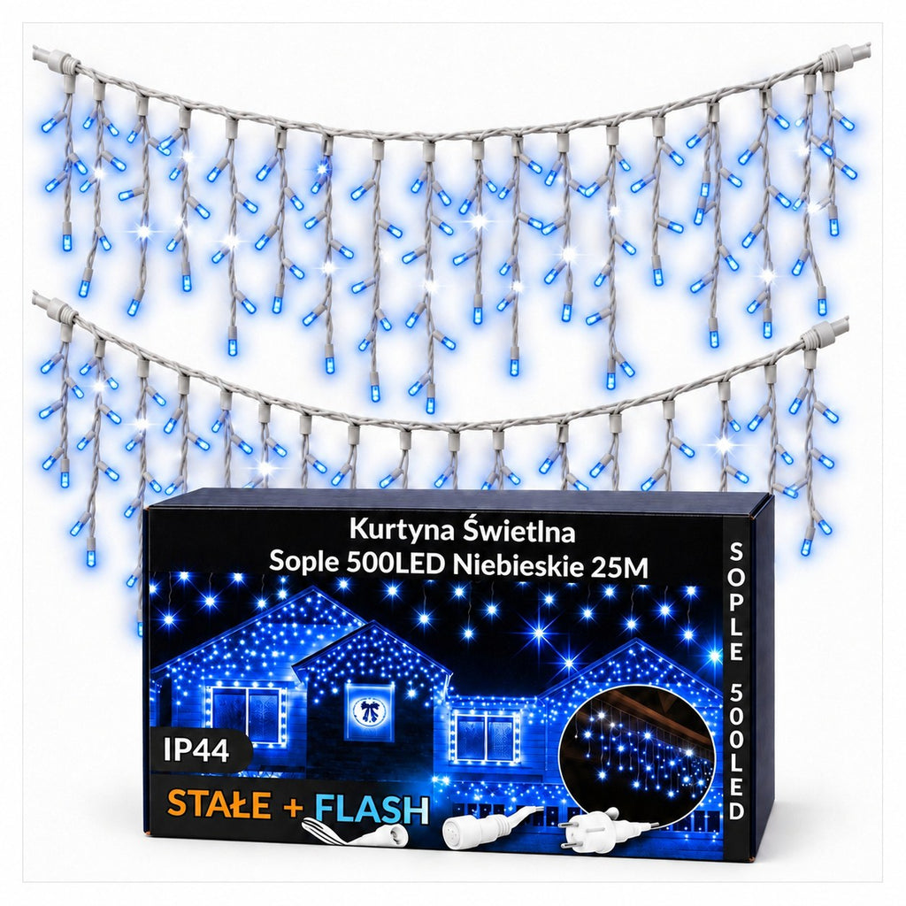 Sople LED 500 lampek, 25 m, niebieskie z efektem flash