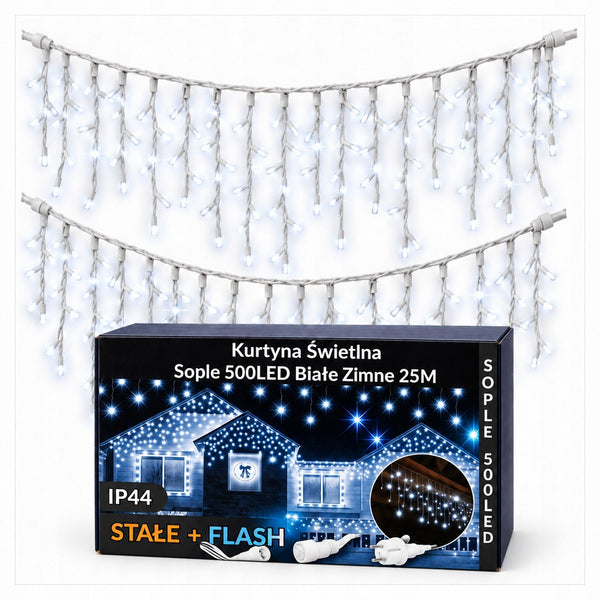 Sople LED 500 lampek, 25 m, zimna biel z efektem flash